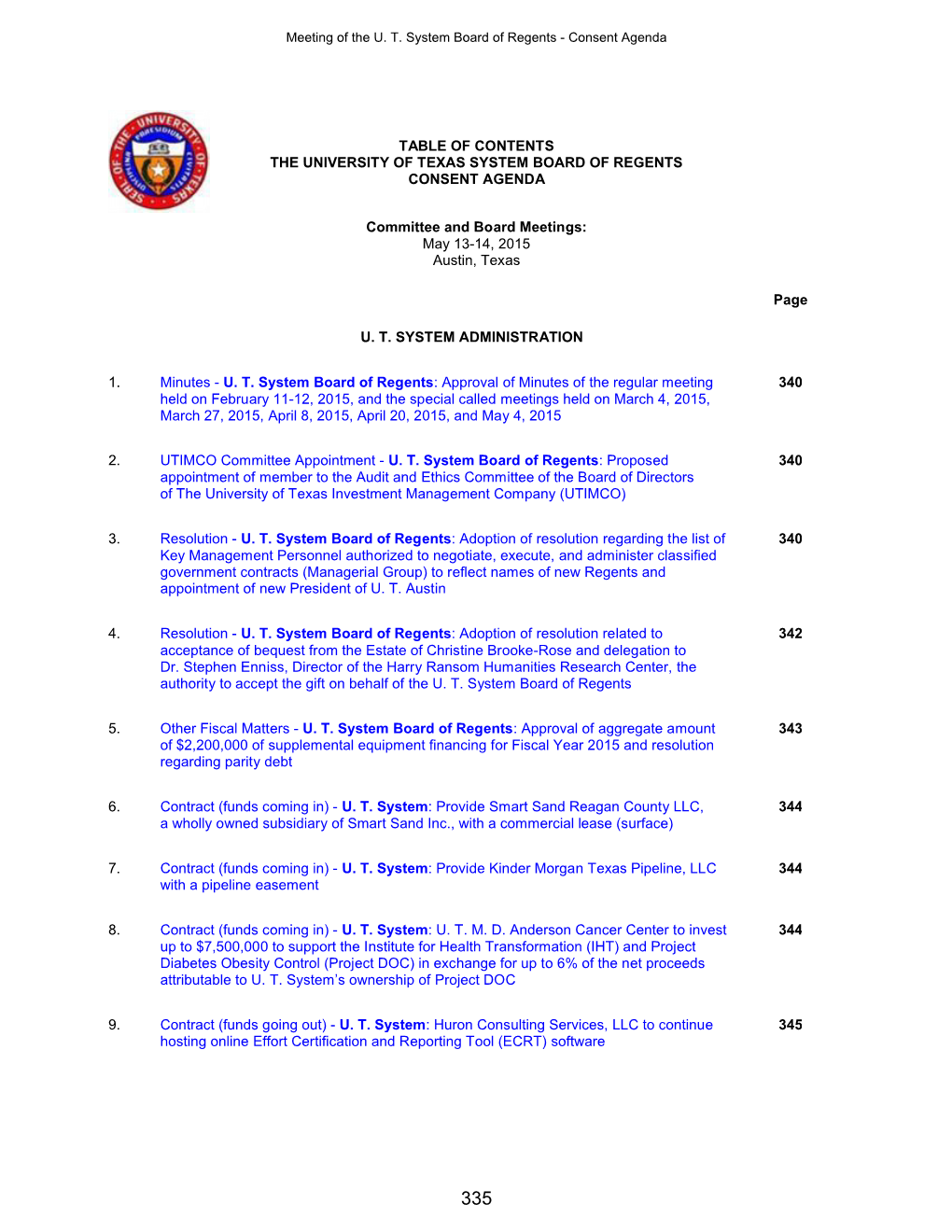 Table of Contents the University of Texas System Board of Regents Consent Agenda
