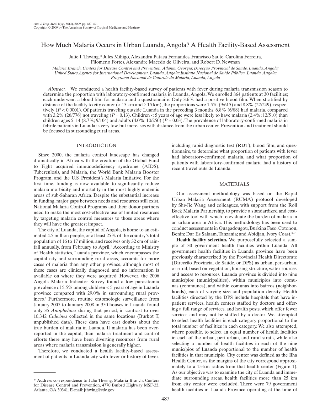 How Much Malaria Occurs in Urban Luanda, Angola? a Health Facility-Based Assessment