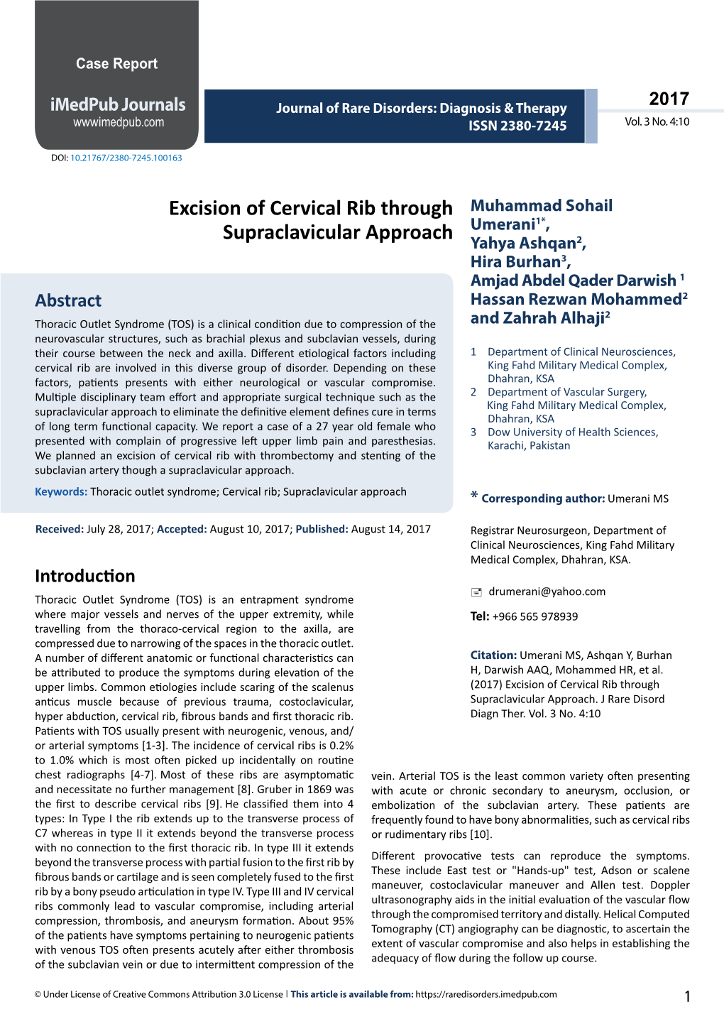 Excision of Cervical Rib Through Supraclavicular Approach