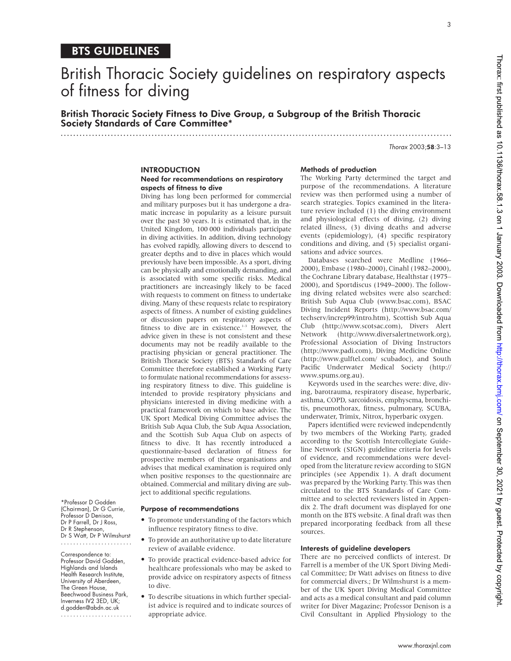 British Thoracic Society Guidelines on Respiratory Aspects of Fitness for Diving