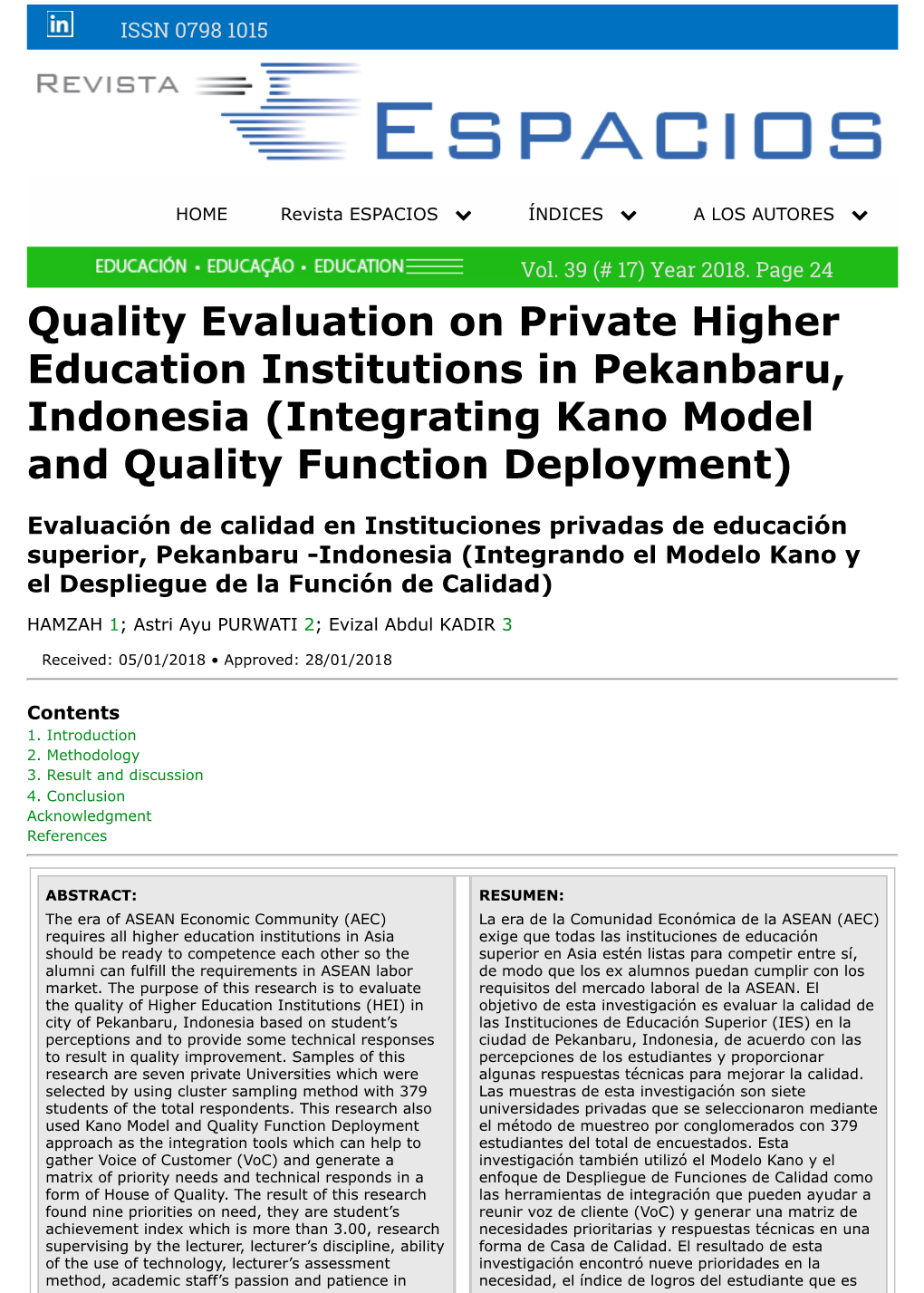 Quality Evaluation on Private Higher Education Institutions in Pekanbaru, Indonesia (Integrating Kano Model and Quality Function Deployment)