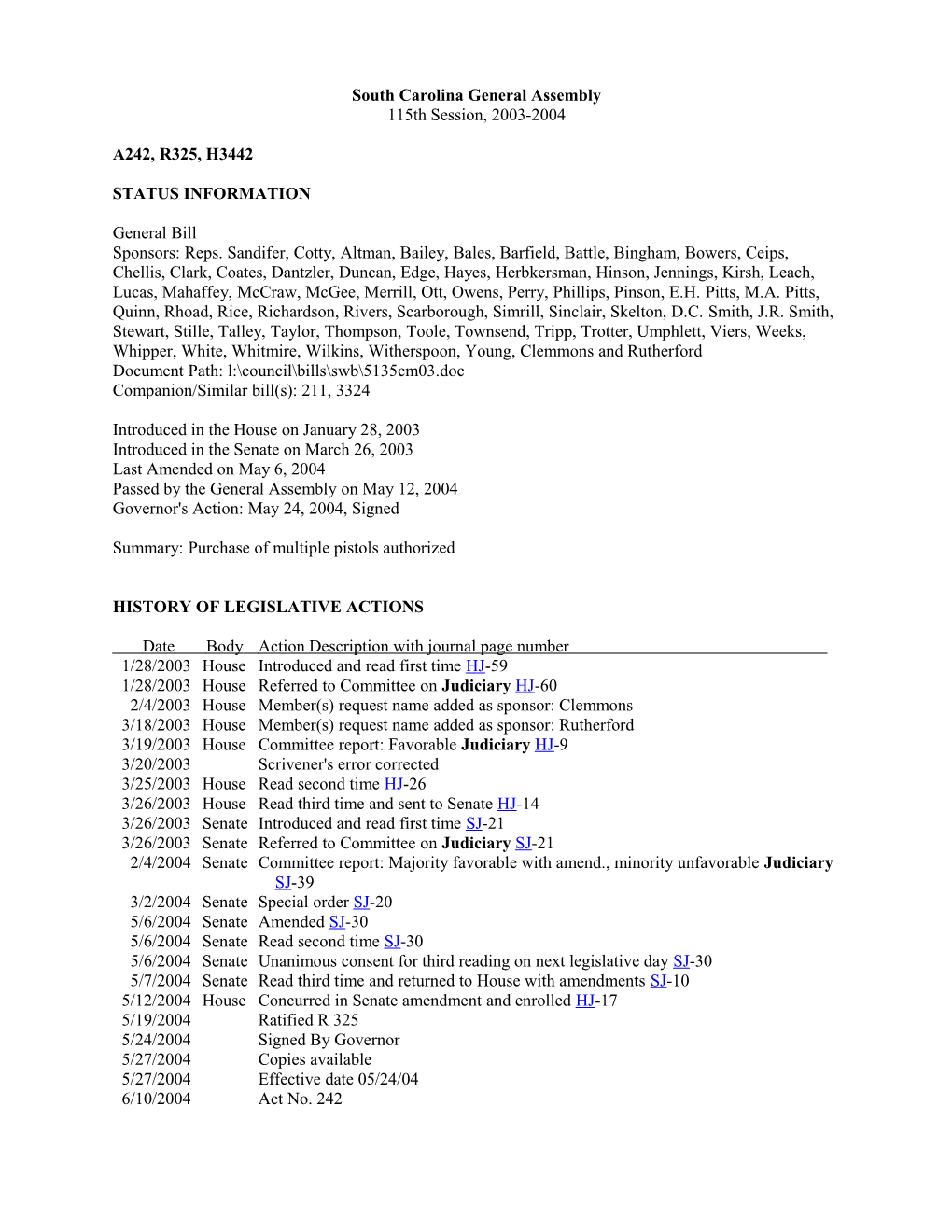 2003-2004 Bill 3442: Purchase of Multiple Pistols Authorized - South Carolina Legislature Online