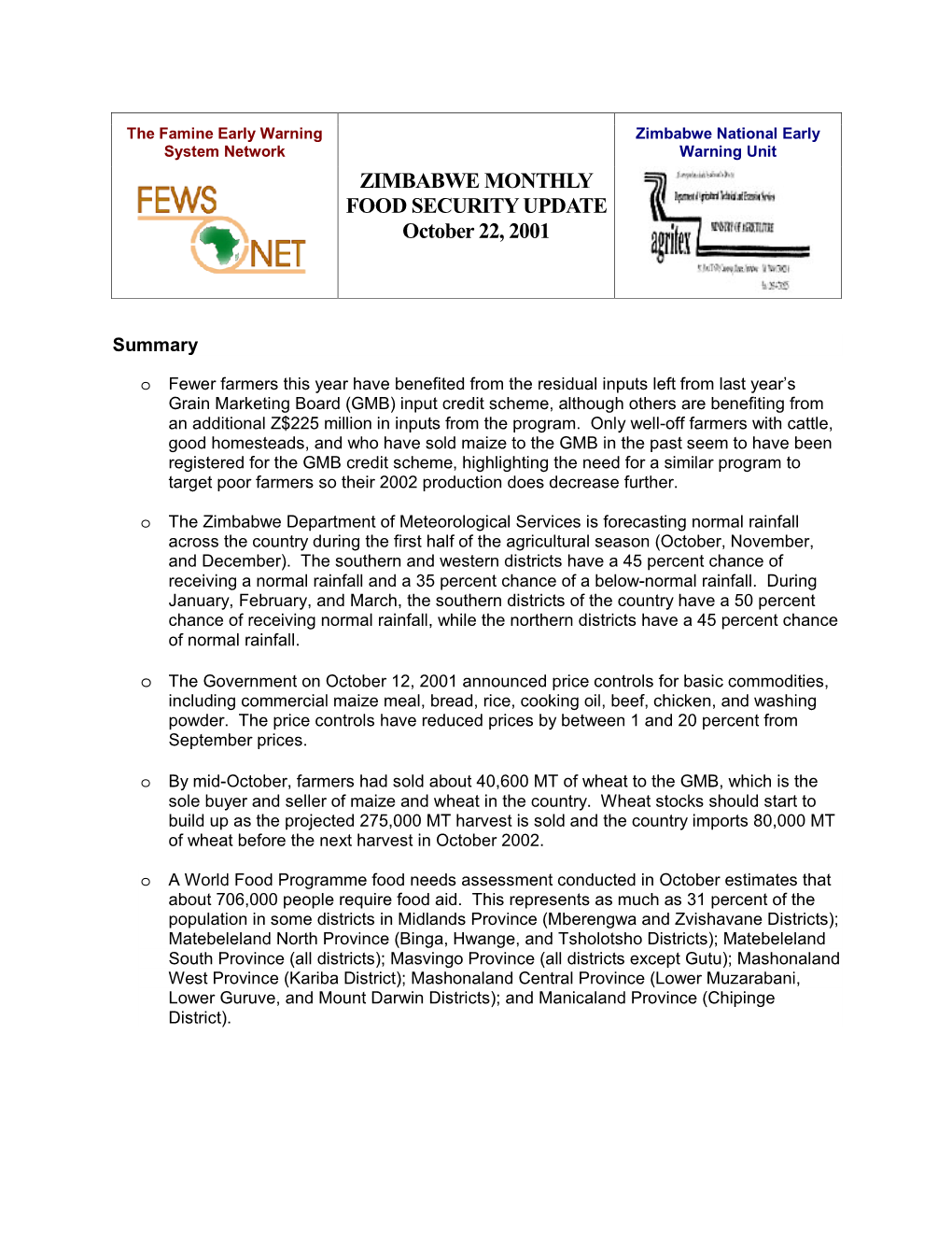 ZIMBABWE MONTHLY FOOD SECURITY UPDATE October 22, 2001