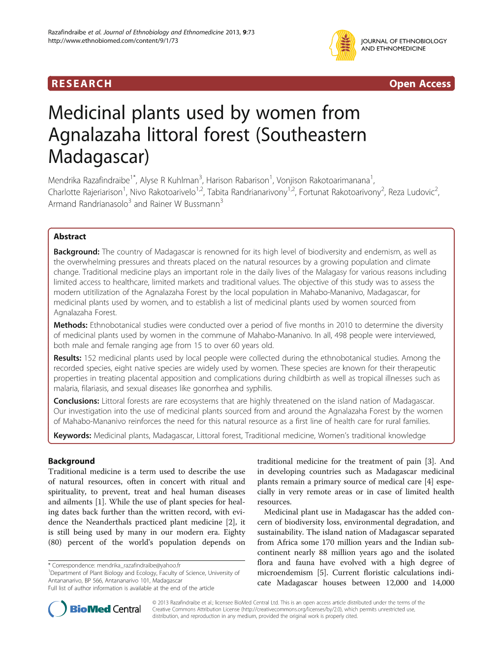 Medicinal Plants Used by Women from Agnalazaha Littoral