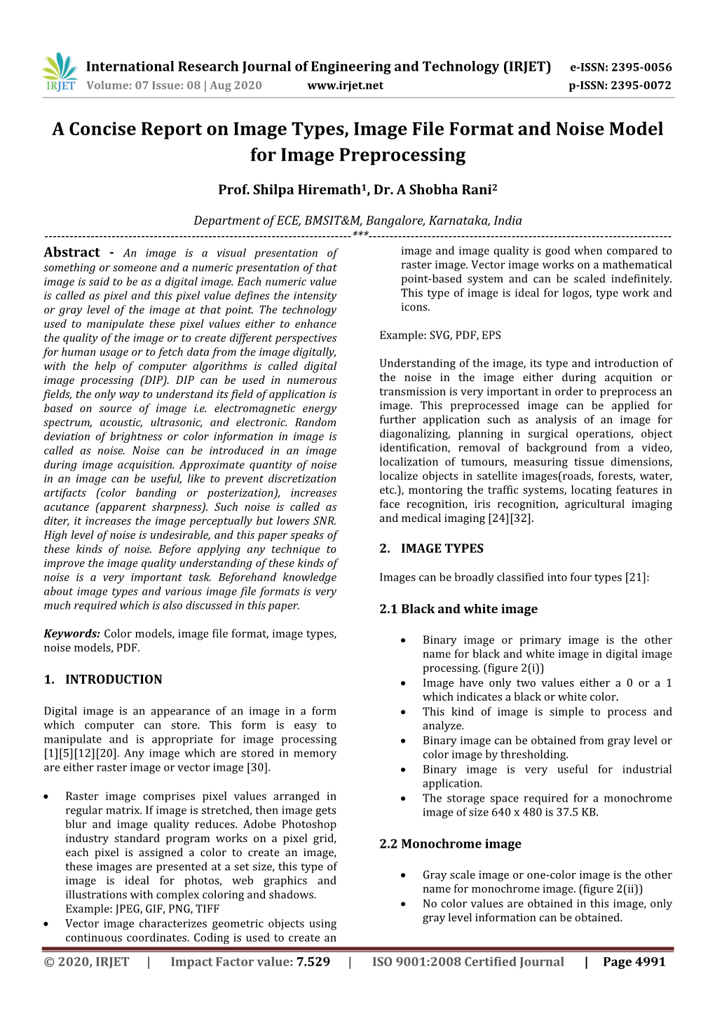 A Concise Report on Image Types, Image File Format and Noise Model for Image Preprocessing