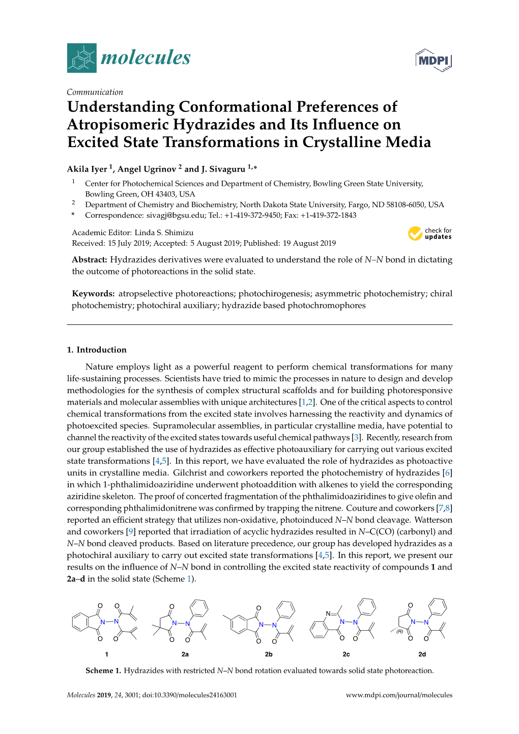 Understanding Conformational Preferences of Atropisomeric Hydrazides and Its Influence on Excited State Transformations in Cryst