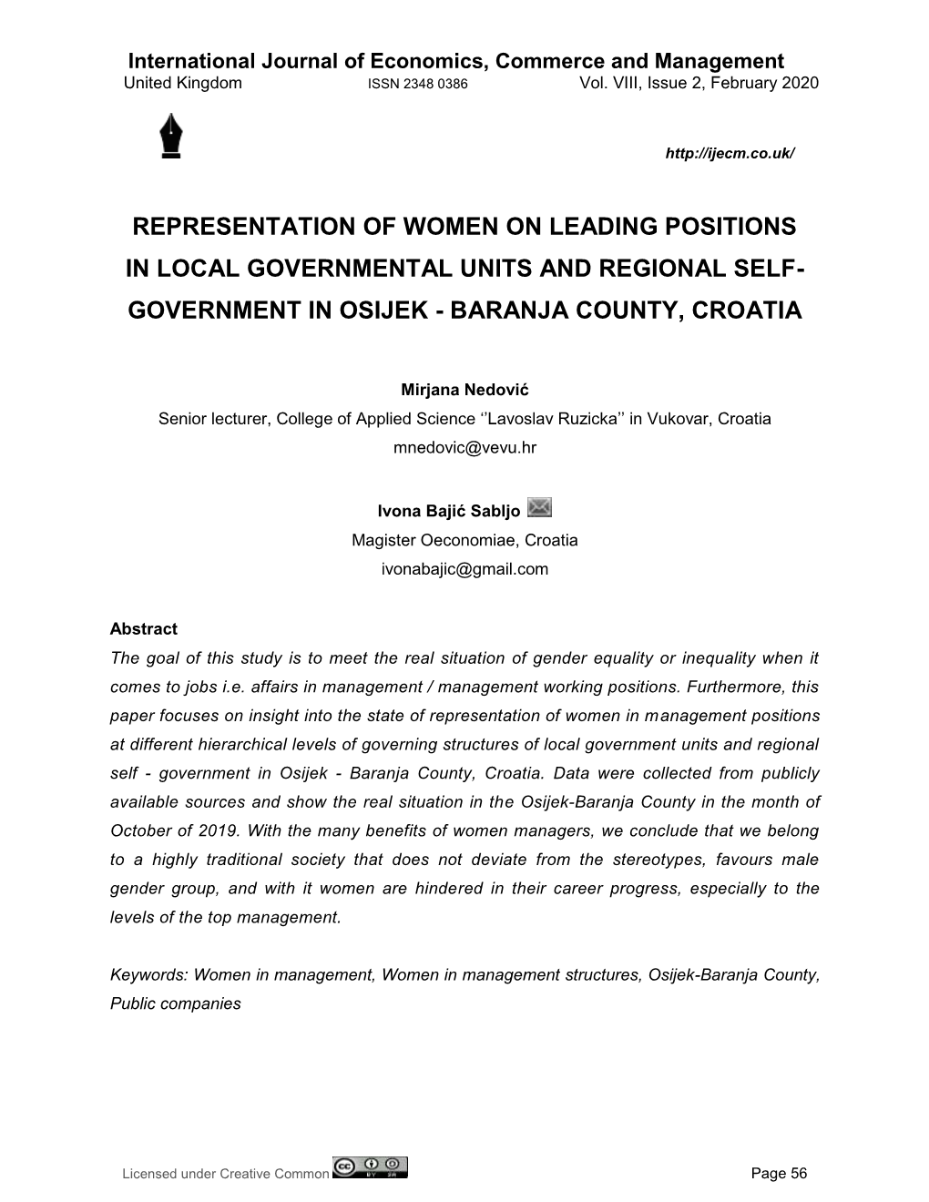 Representation of Women on Leading Positions in Local Governmental Units and Regional Self- Government in Osijek - Baranja County, Croatia