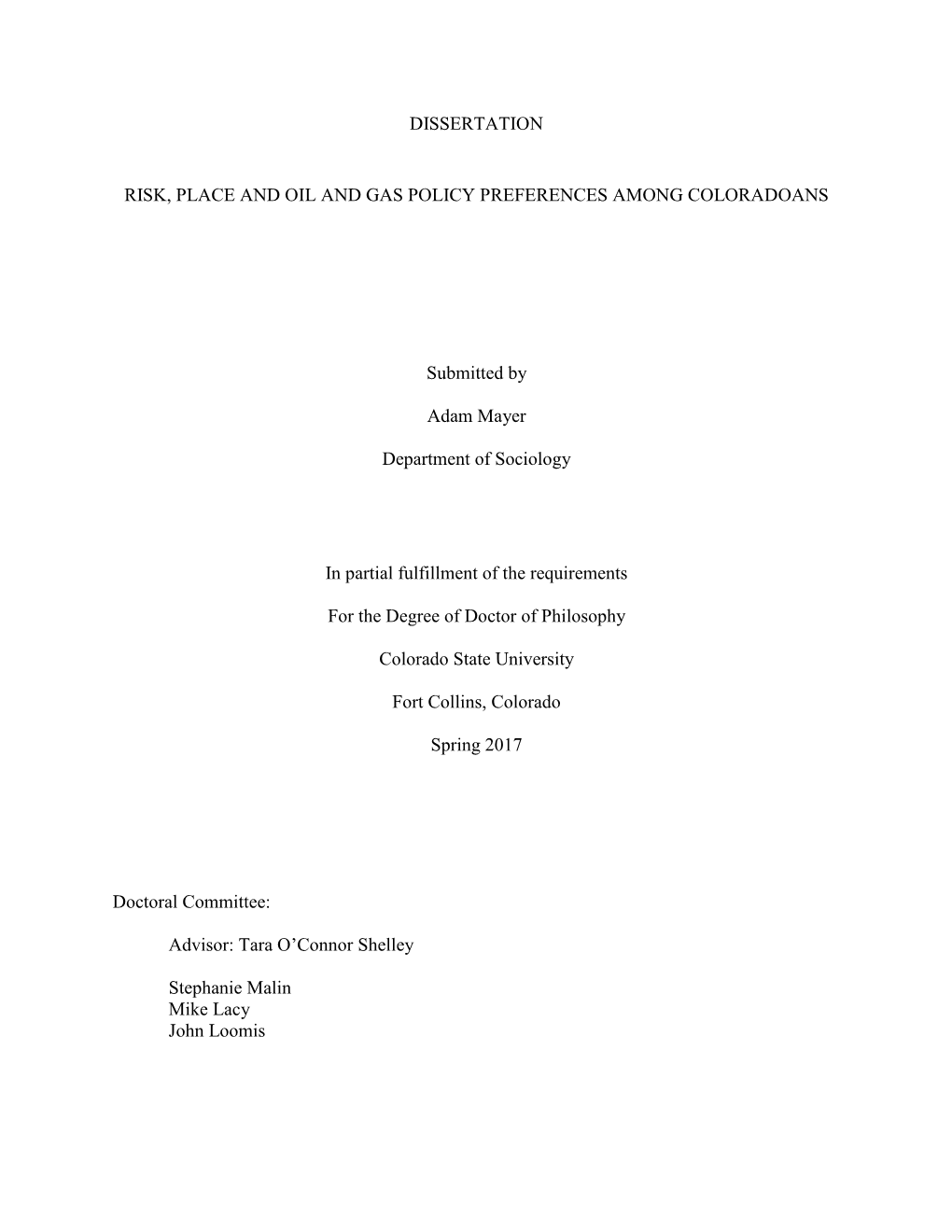 Dissertation Risk, Place and Oil and Gas Policy