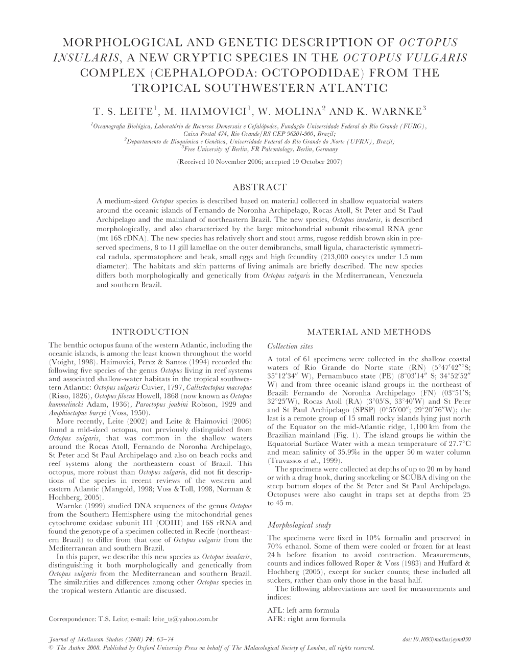 Cephalopoda: Octopodidae) from the Tropical Southwestern Atlantic