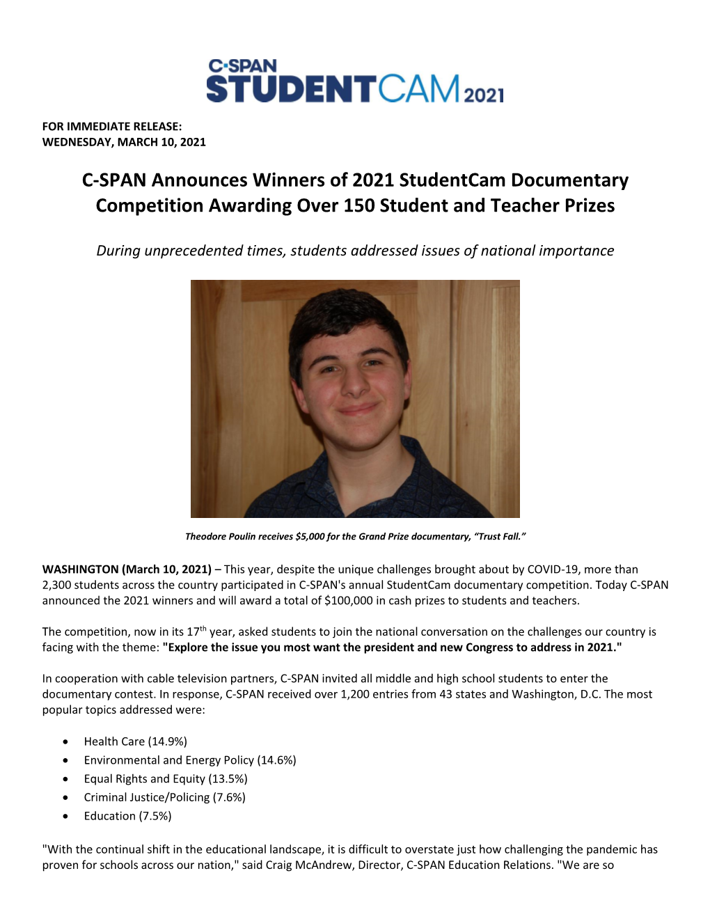 C-SPAN Announces Winners of 2021 Studentcam Documentary Competition Awarding Over 150 Student and Teacher Prizes