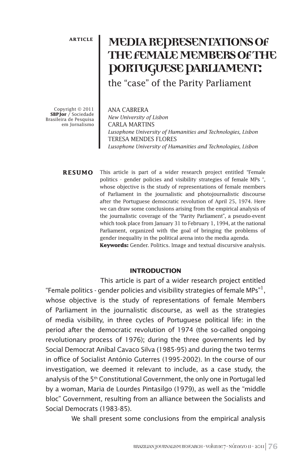 Media Representations of the Female Members of the Portuguese Parliament: the “Case” of the Parity Parliament