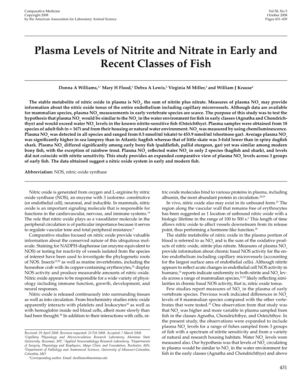 Plasma Levels of Nitrite and Nitrate in Early and Recent Classes of Fish