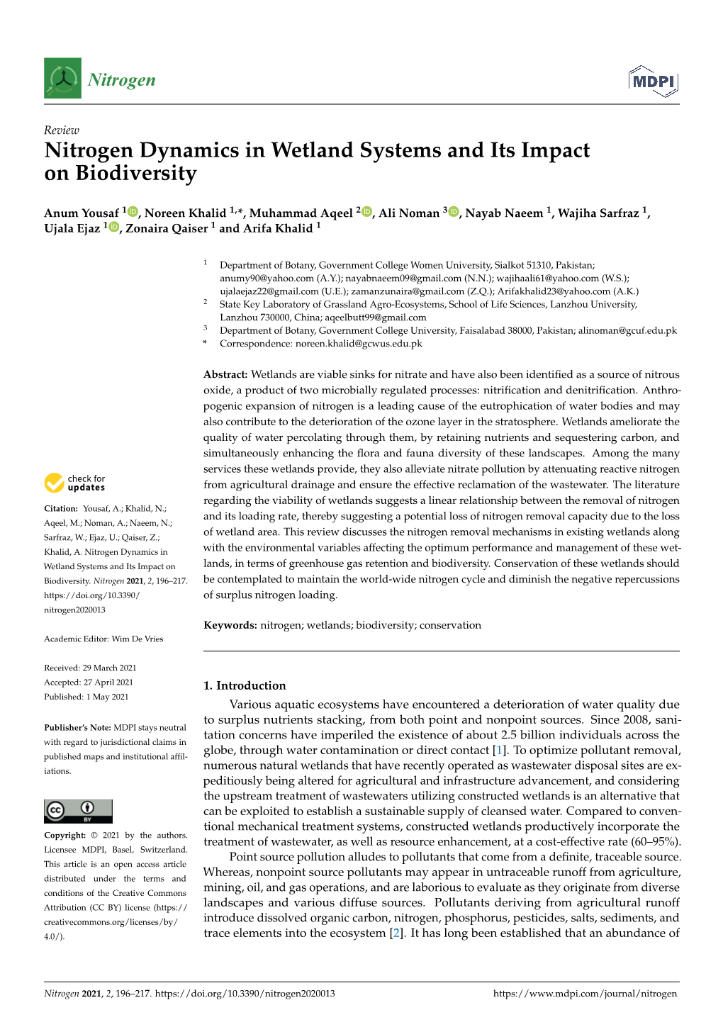 Nitrogen Dynamics in Wetland Systems and Its Impact on Biodiversity