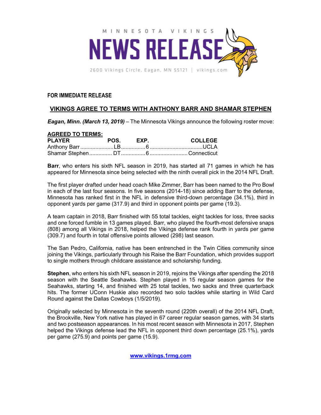 For Immediate Release Vikings Agree to Terms With