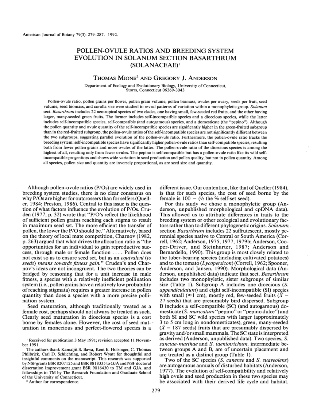 Pollen-Ovule Ratios and Breeding System Evolution in Solanum Section Basarthrum (Solanaceae)'