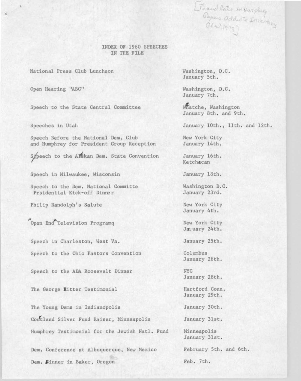 Speeches Lists, 1960-1964