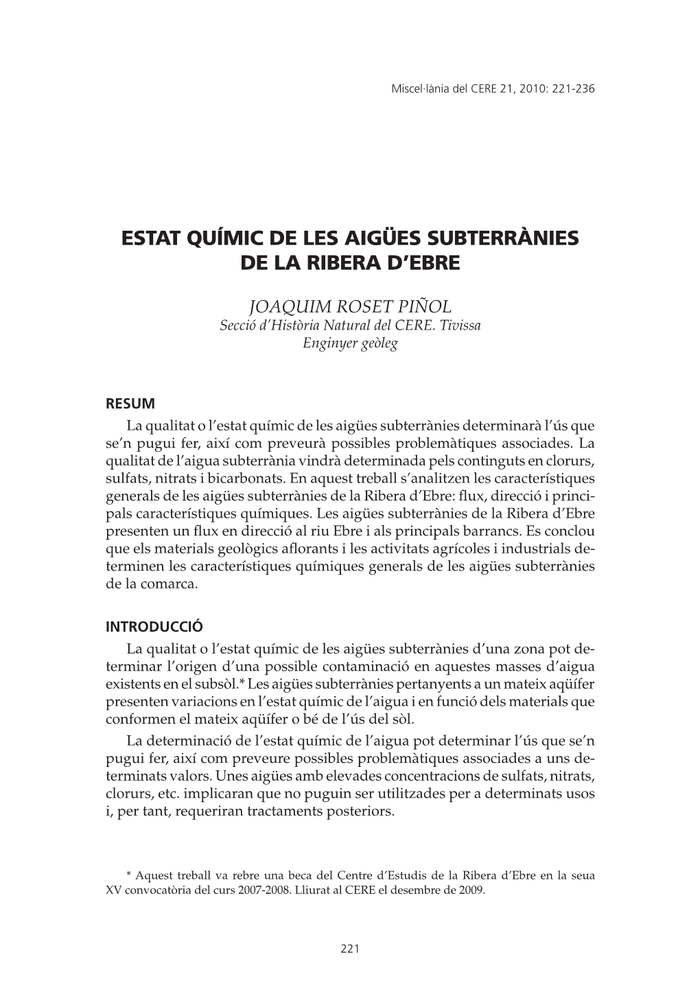 Estat Químic De Les Aigües Subterrànies De La Ribera D’Ebre