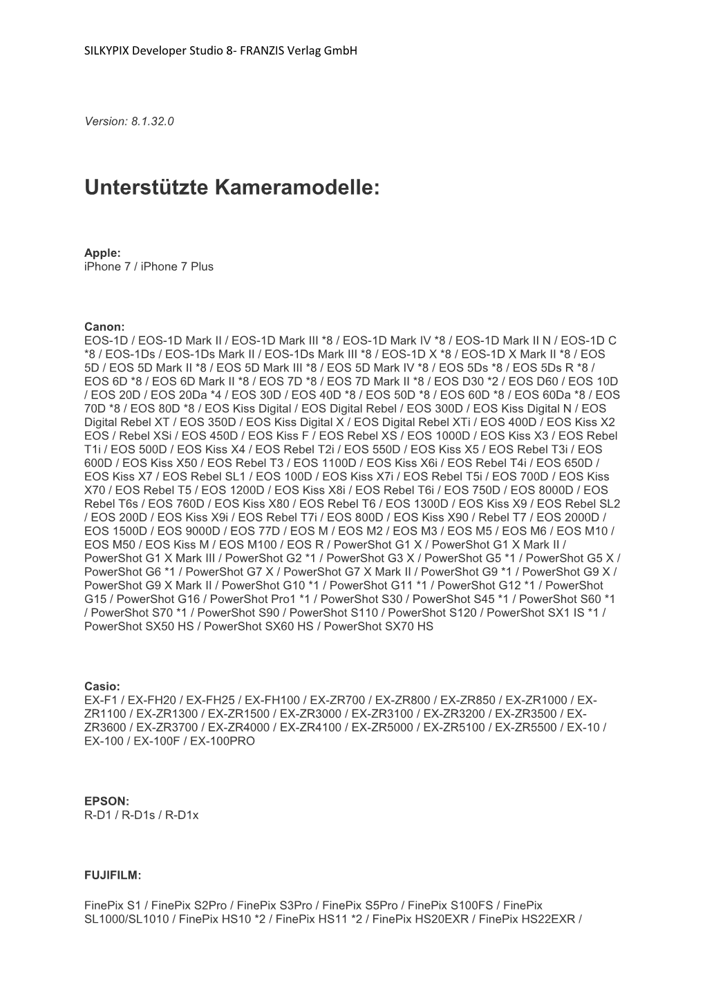 Unterstützte Kameramodelle