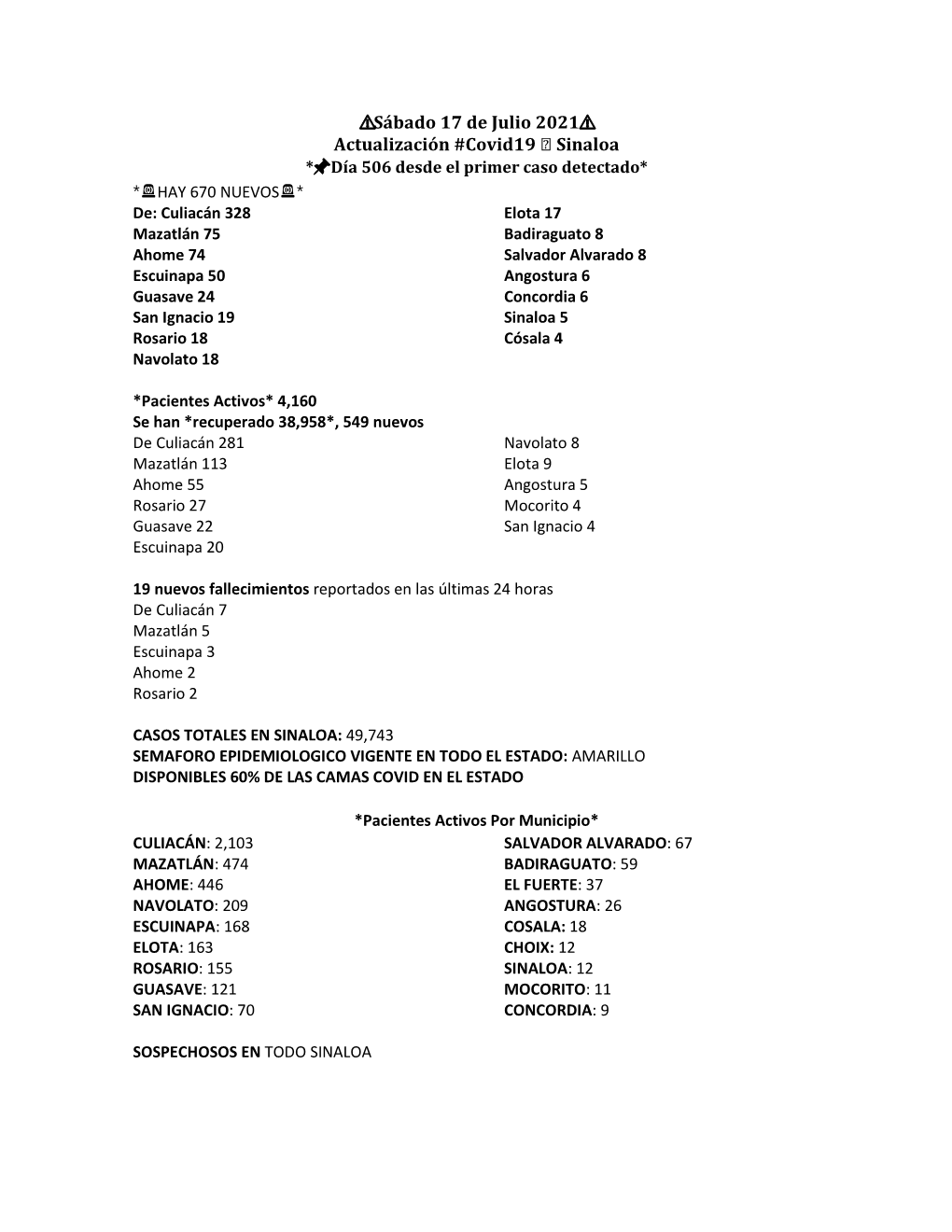 Sábado 17 De Julio 2021 Actualización #Covid19 Sinaloa