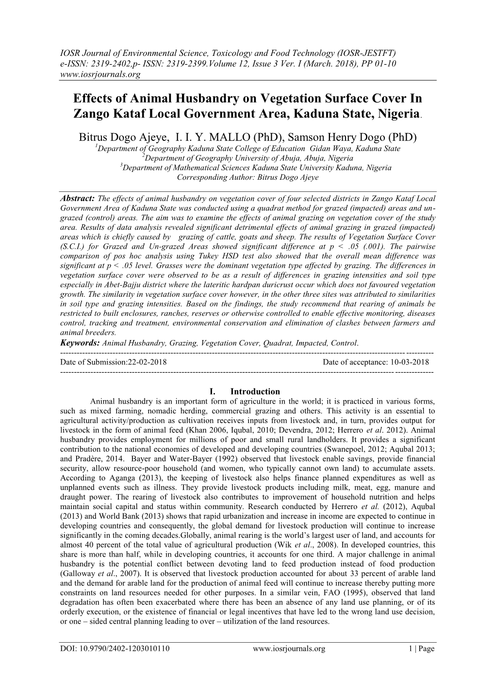 Effects of Animal Husbandry on Vegetation Surface Cover in Zango Kataf Local Government Area, Kaduna State, Nigeria