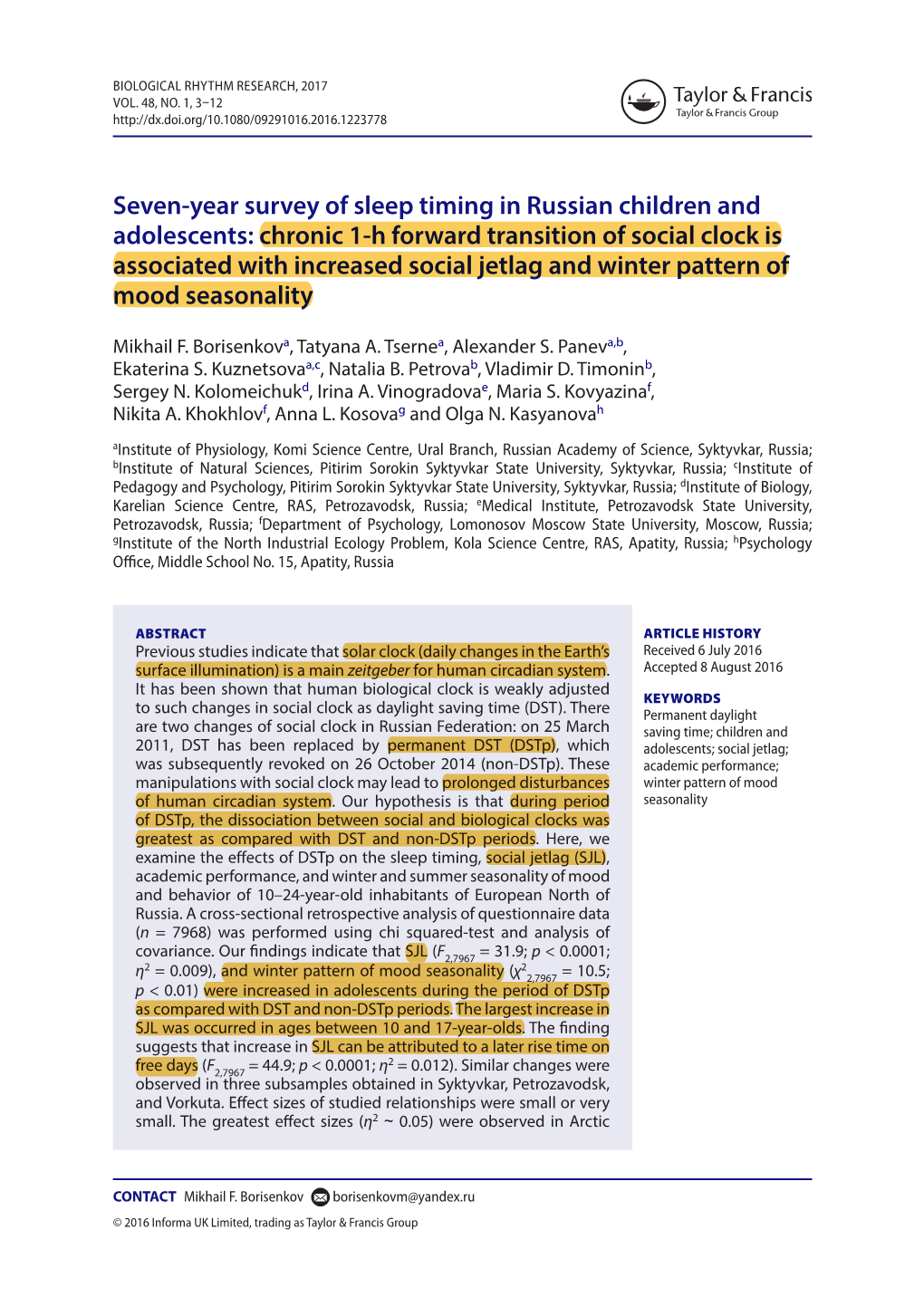 Seven-Year Survey of Sleep Timing in Russian Children and Adolescents: Chronic 1-H Forward Transition of Social Clock Is Associa
