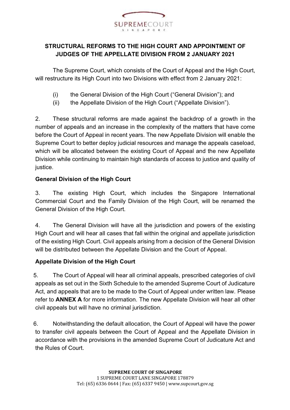 Structural Reforms to the High Court and Appointment of Judges of the Appellate Division from 2 January 2021