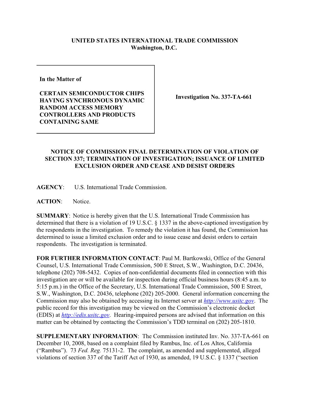 UNITED STATES INTERNATIONAL TRADE COMMISSION Washington, D.C