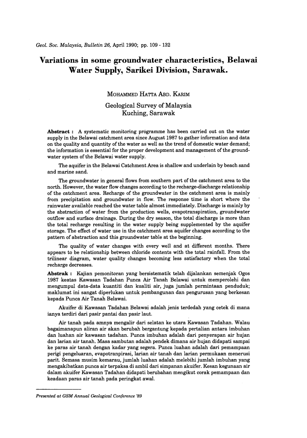 Variations in Some Groundwater Characteristics, Belawai Water Supply, Sarikei Division, Sarawak