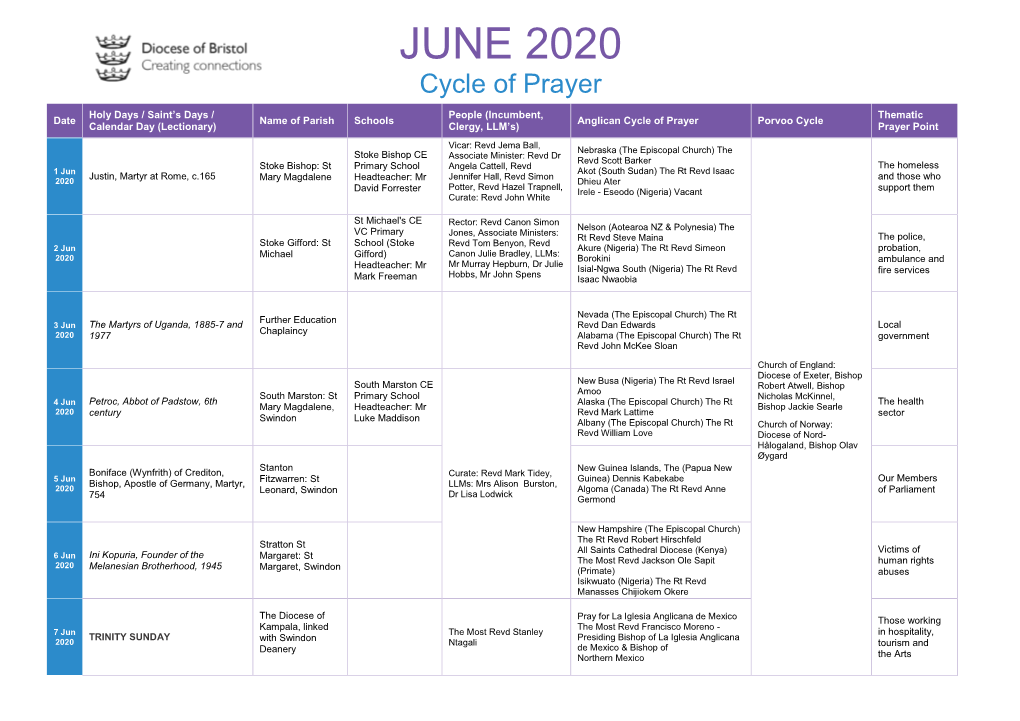 JUNE 2020 Cycle of Prayer