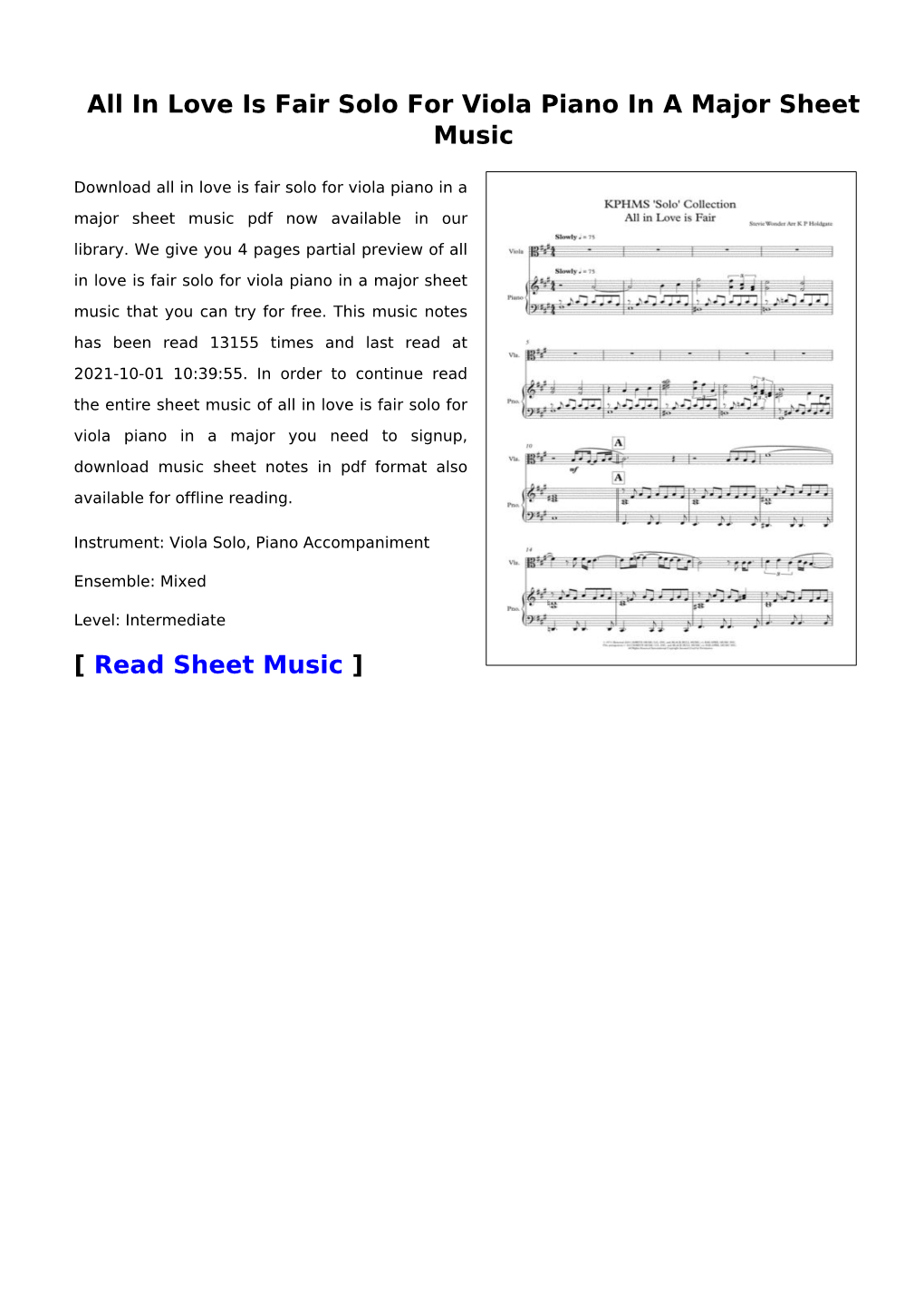 All in Love Is Fair Solo for Viola Piano in a Major Sheet Music