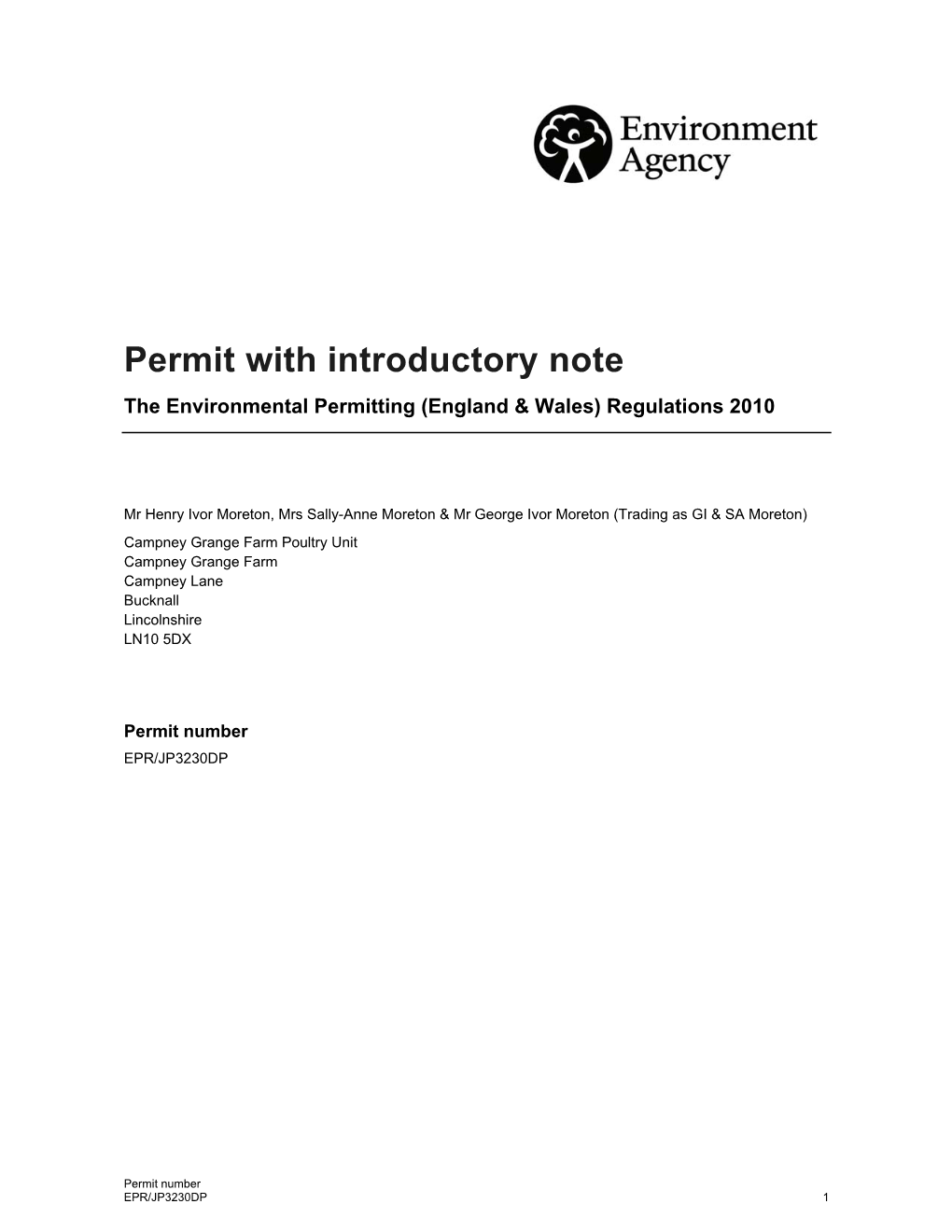 Permit with Introductory Note the Environmental Permitting (England & Wales) Regulations 2010