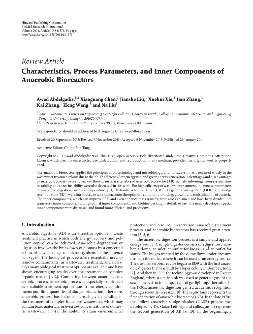 Review Article Characteristics, Process Parameters, and Inner Components of Anaerobic Bioreactors