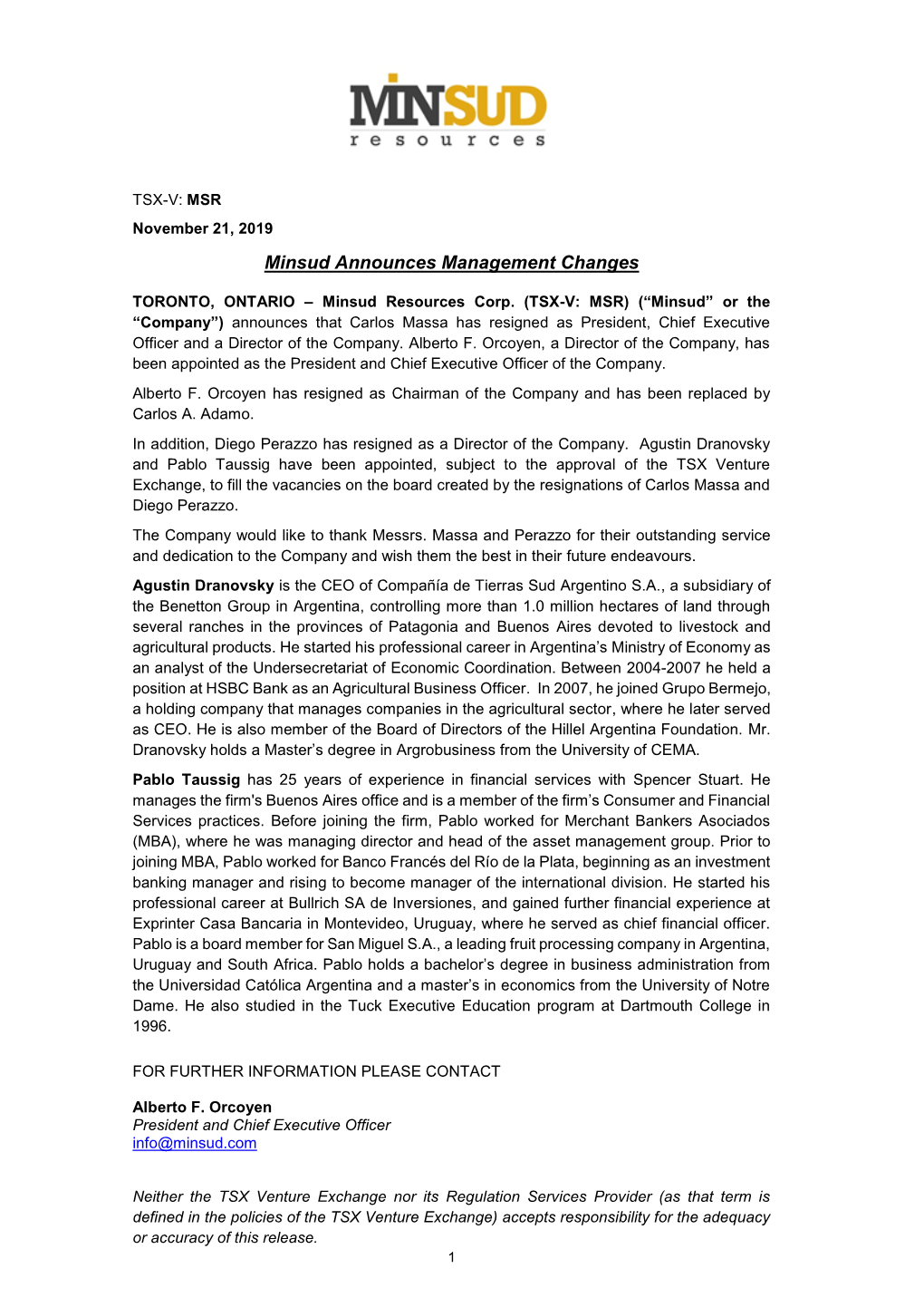 Minsud Announces Management Changes