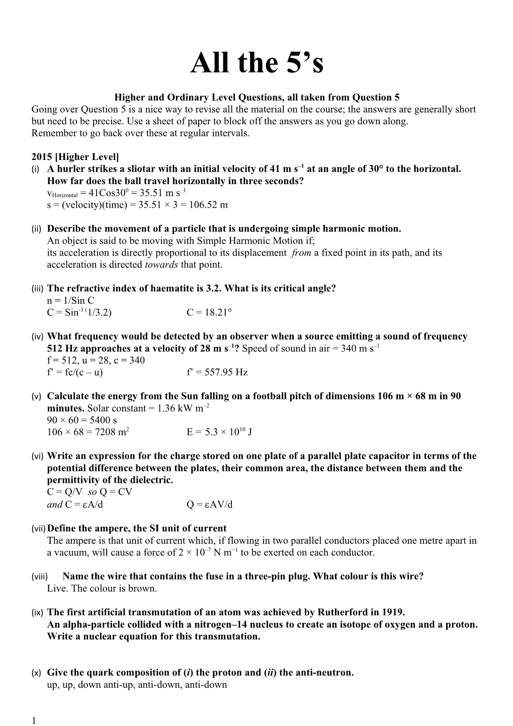 Higher and Ordinary Level Questions, All Taken from Question 5