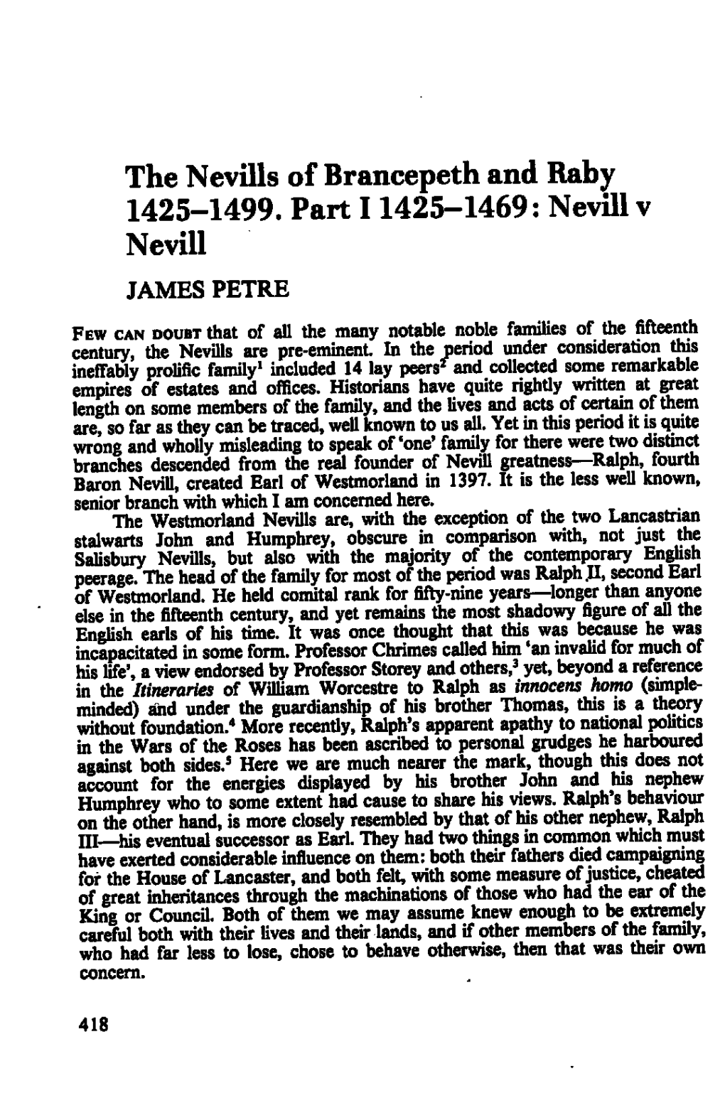 The Nevills of Brancepeth and Baby 1425—1499