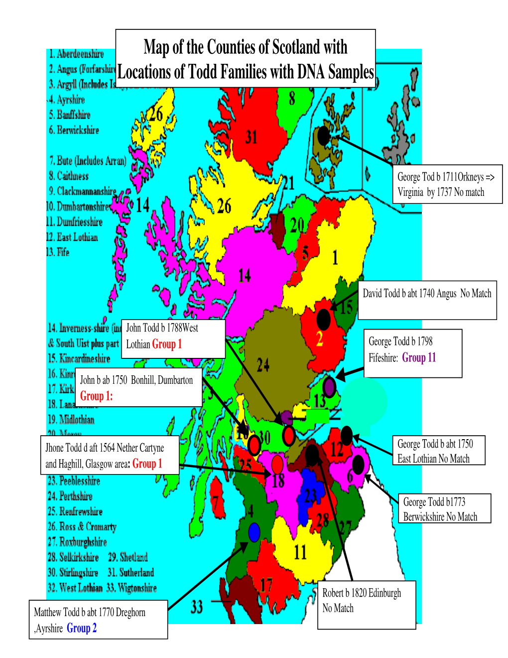 Map of the Counties of Scotland with Locations of Todd Families with DNA Samples