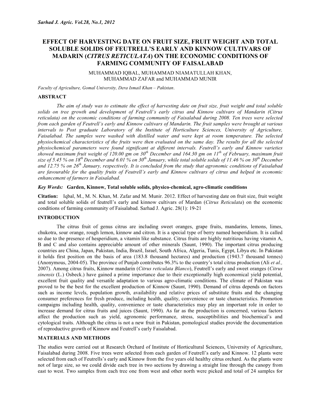 Effect of Harvesting Date on Fruit Size, Fruit Weight and Total Soluble Solids of Feutrell's Early and Kinnow Cultivars Of