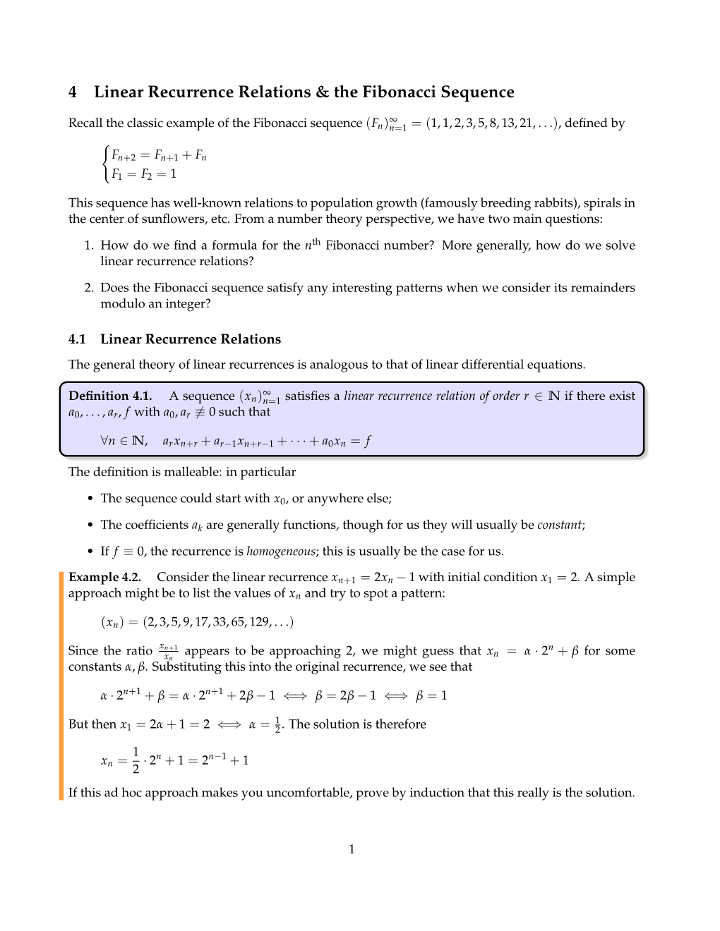 4 Linear Recurrence Relations & the Fibonacci Sequence