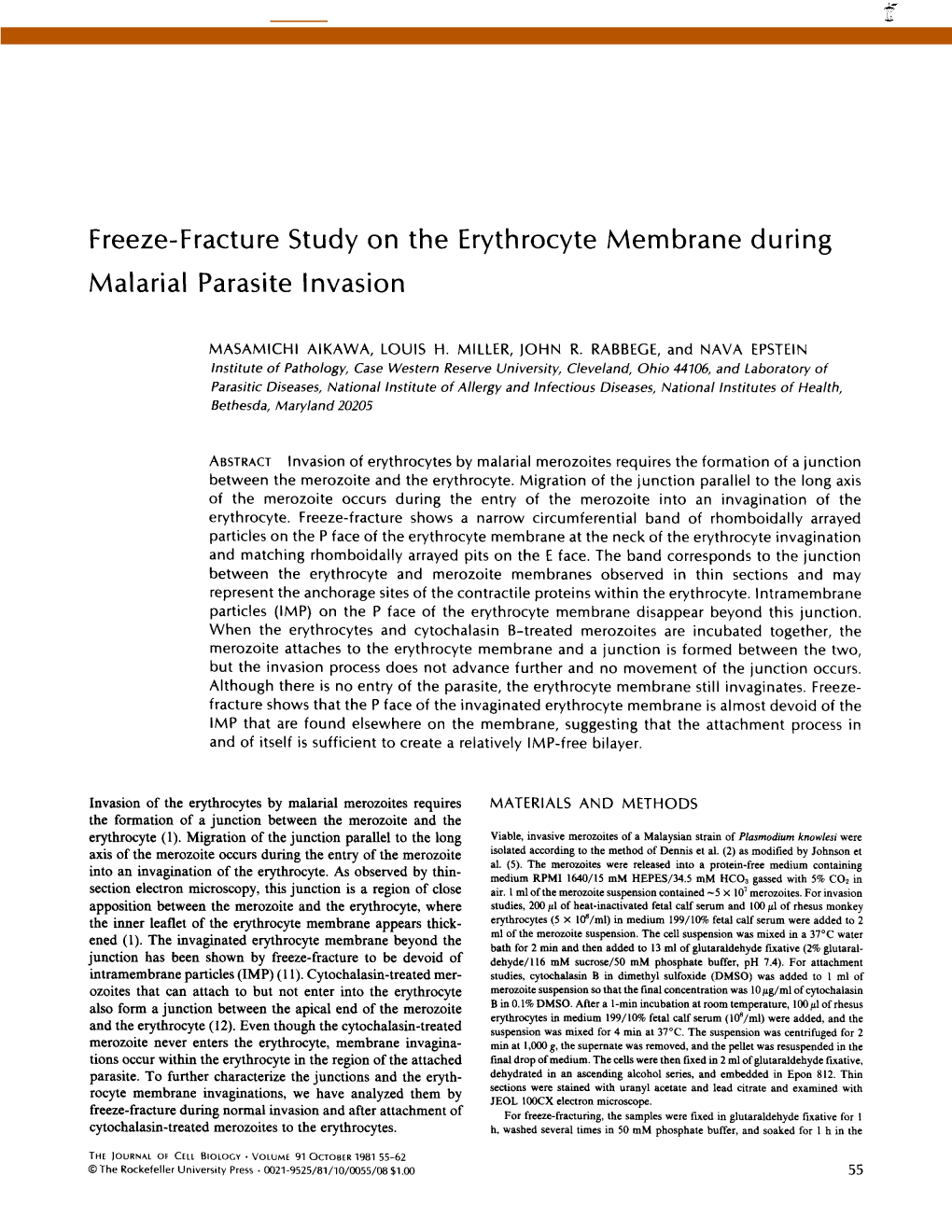 Freeze-Fracture Study on the Erythrocyte Membrane During Malarial Parasite Invasion