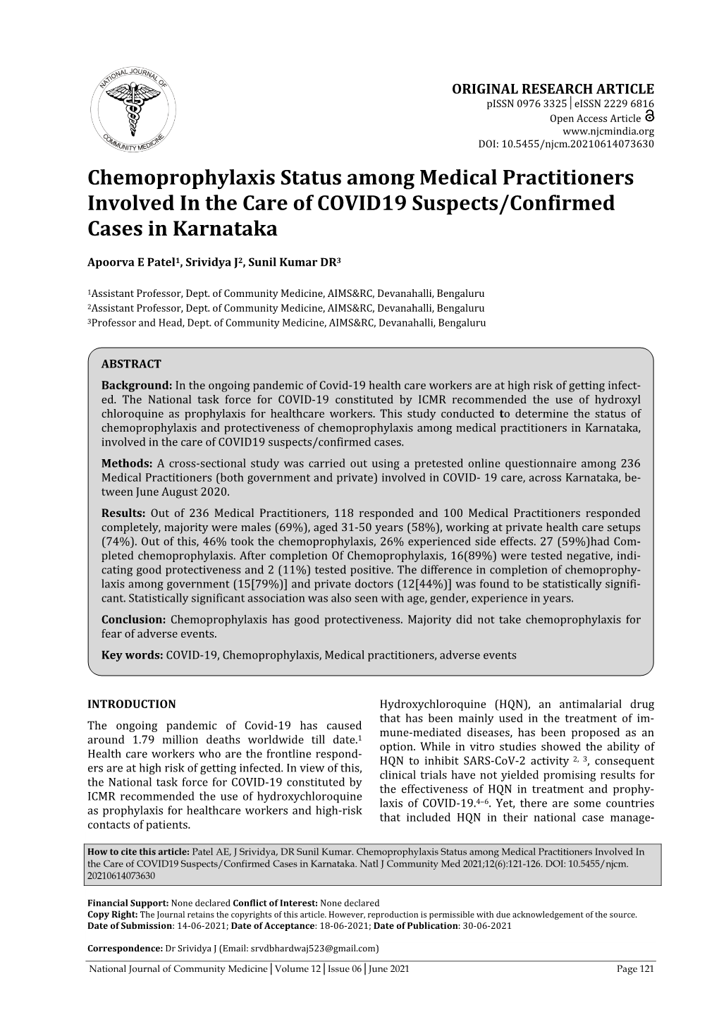Chemoprophylaxis Status Among Medical Practitioners Involved in the Care of COVID19 Suspects/Confirmed Cases in Karnataka