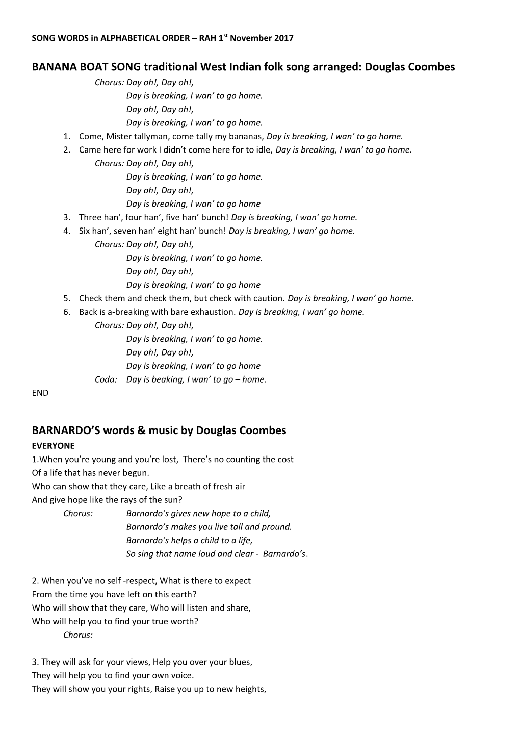 BANANA BOAT SONG Traditional West Indian Folk Song Arranged: Douglas Coombes