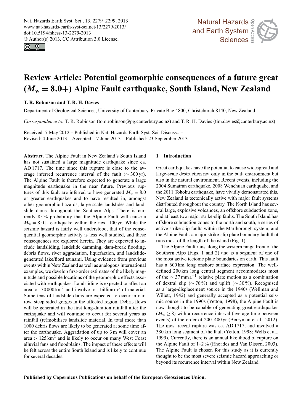 Review Article: Potential Geomorphic Consequences of a Future Great (Mw = 8.0+) Alpine Fault Earthquake, South Island, New Zealand