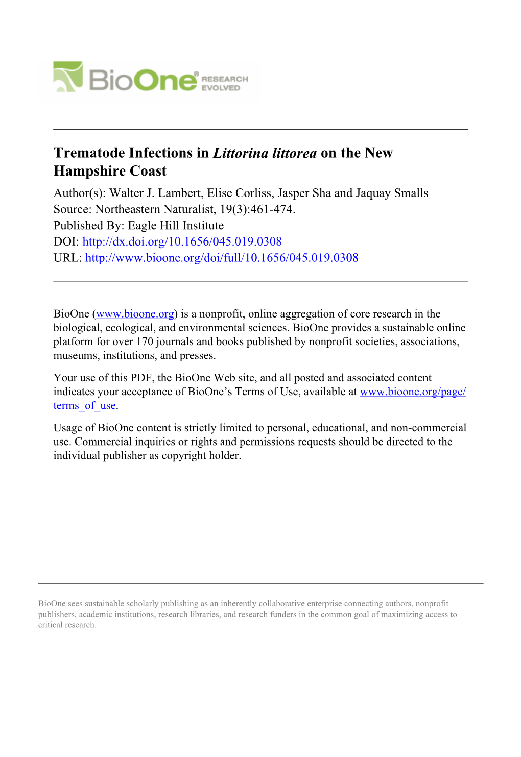 Trematode Infections in Littorina Littorea on the New Hampshire Coast Author(S): Walter J