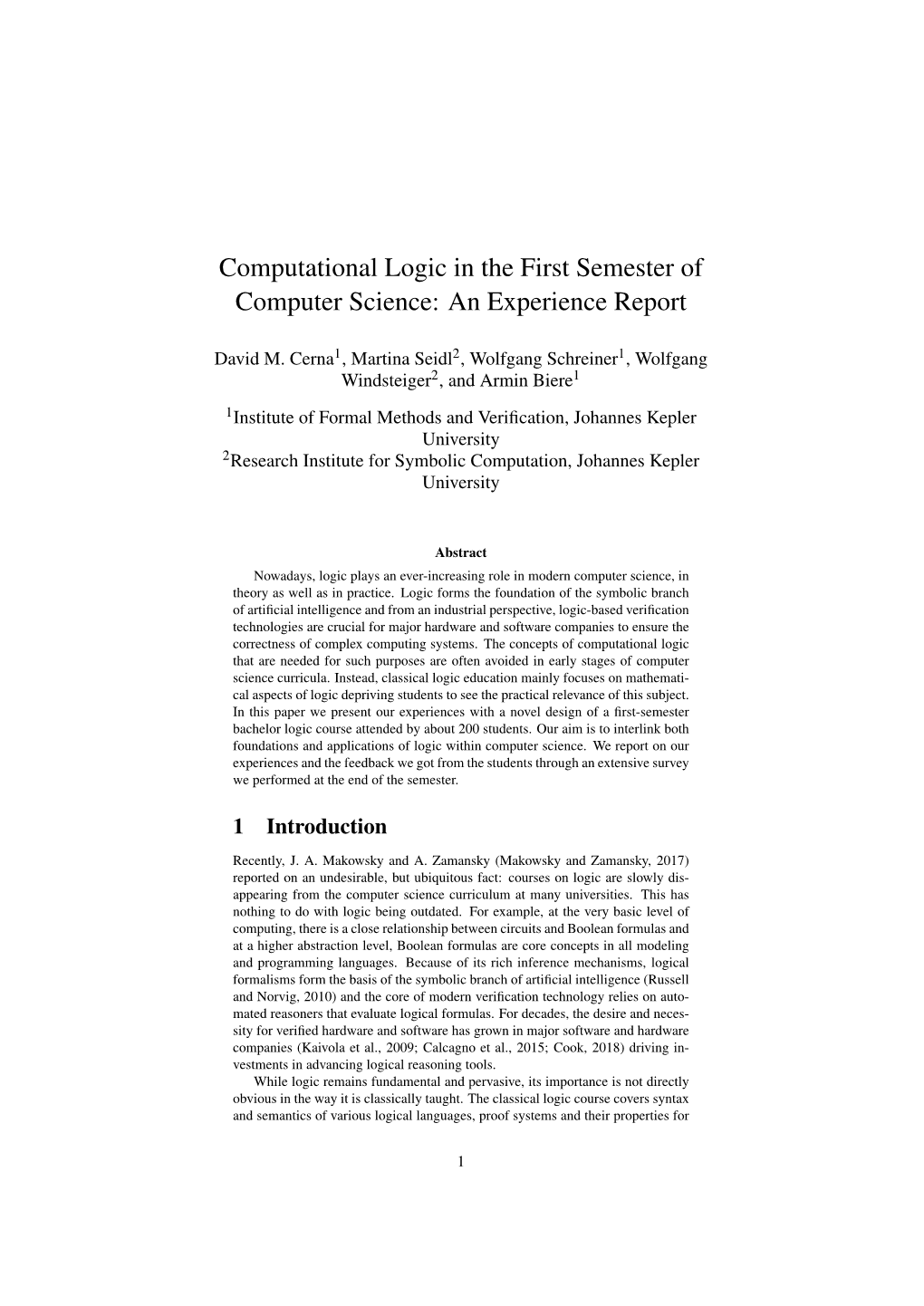 Computational Logic in the First Semester of Computer Science: an Experience Report