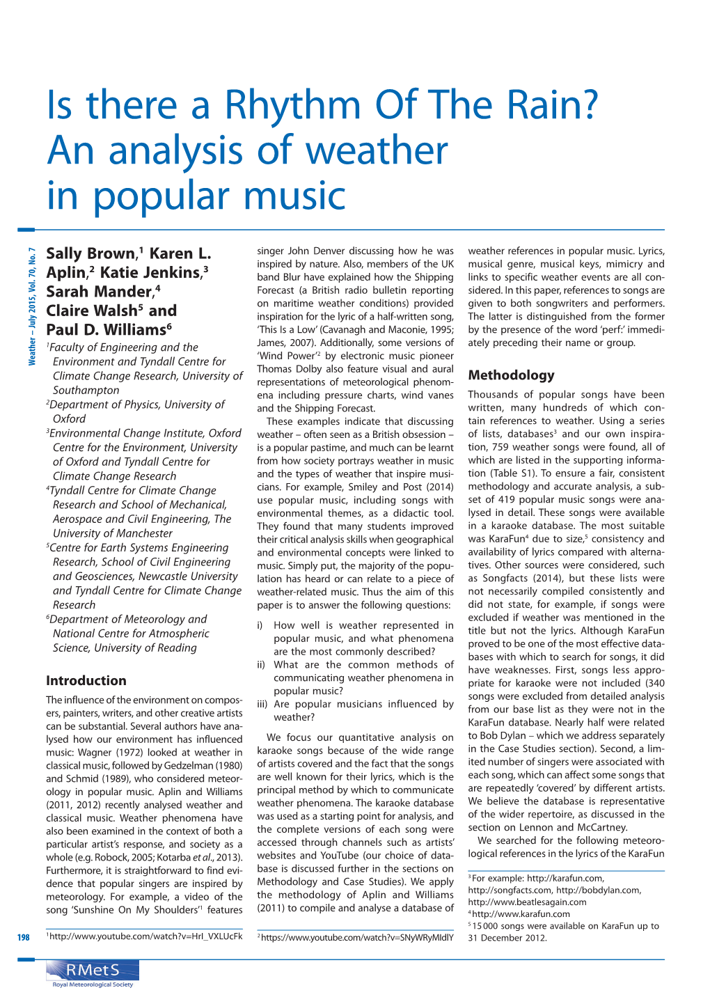 Is There a Rhythm of the Rain? an Analysis of Weather in Popular Music