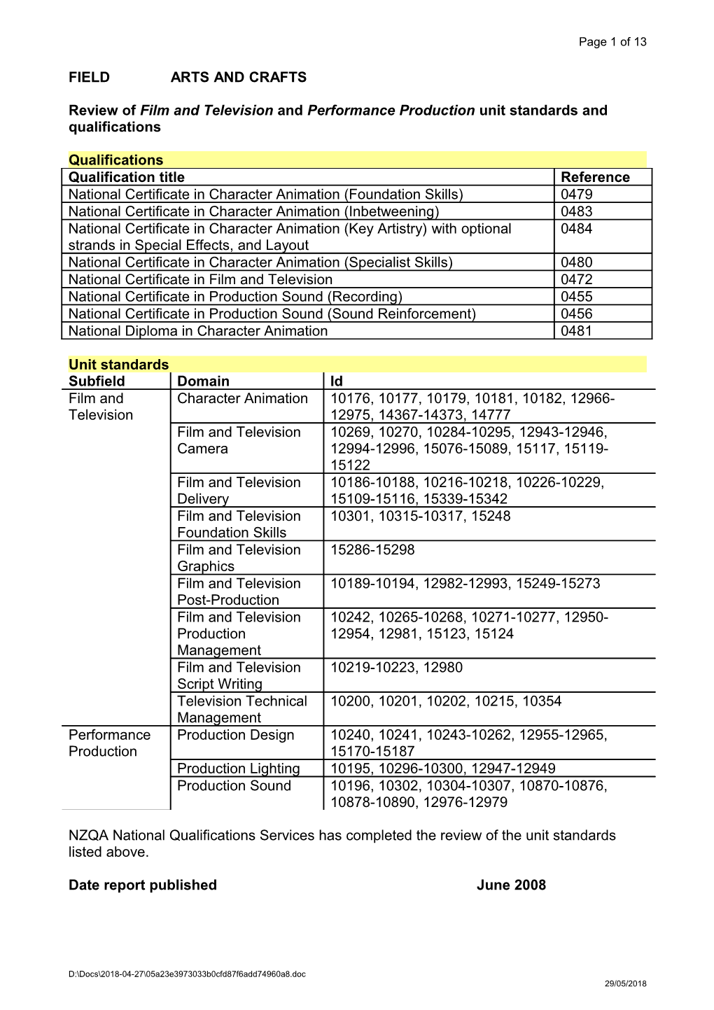 Review of Film and Television and Performance Production Unit Standards and Qualifications