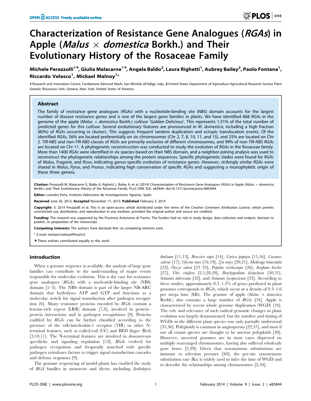 Characterization of Resistance Gene Analogues (Rgas) in Apple (Malus 6Domestica Borkh.) and Their Evolutionary History of the Rosaceae Family