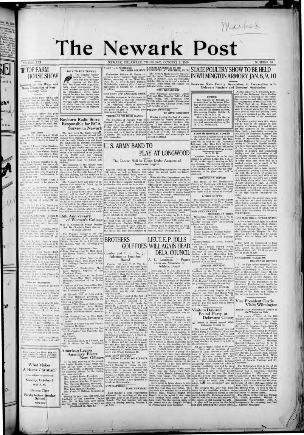 The Newark Post V OLUME XXI NEWARK DELAWARE THURSDAY OCTOBER 2, 1930 NUMBER 36
