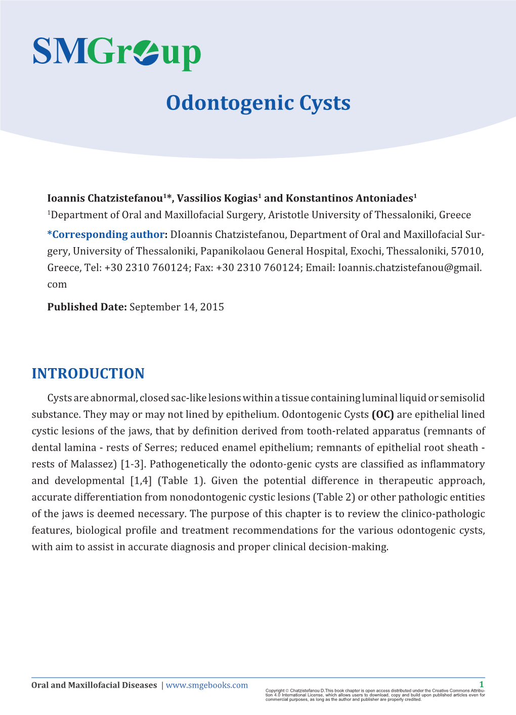 Odontogenic Cysts Ioannis Chatzistefanou, Vassilios Kogias