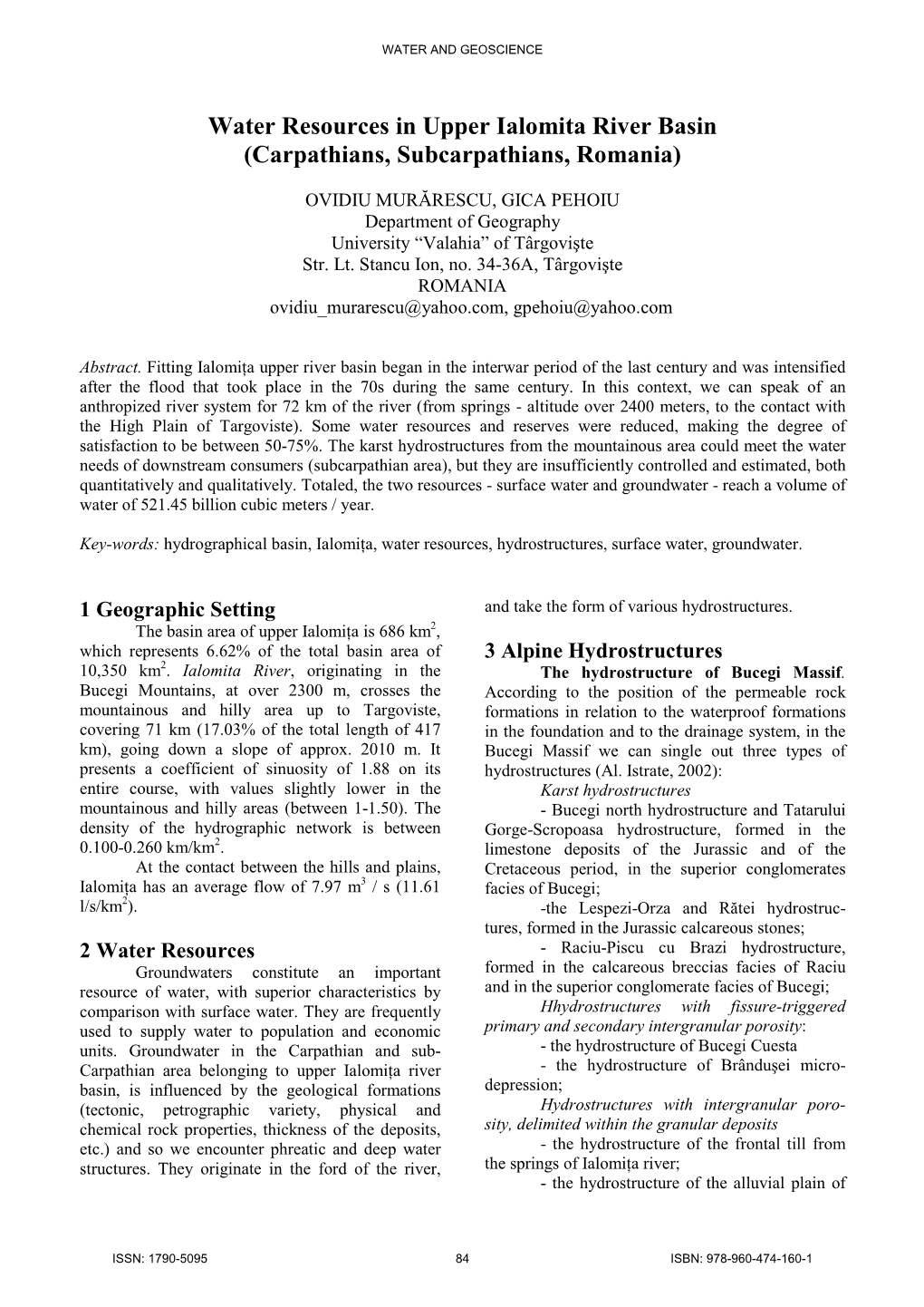 Water Resources in Upper Ialomita River Basin (Carpathians, Subcarpathians, Romania)